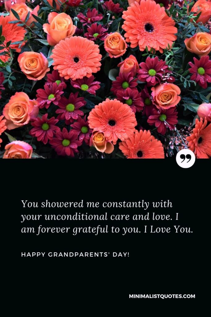Grandparents day greeting: You showered me constantly with your unconditional care and love. I am forever grateful to you. I Love You. Happy Grandparents Day!