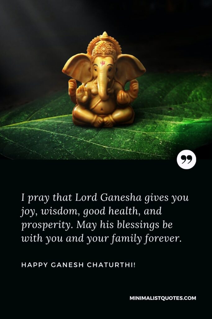 Happy Ganesh Chaturthi quotes: I pray that Lord Ganesha gives you joy, wisdom, good health, and prosperity. May his blessings be with you and your family forever. Happy Ganesh Chaturthi!