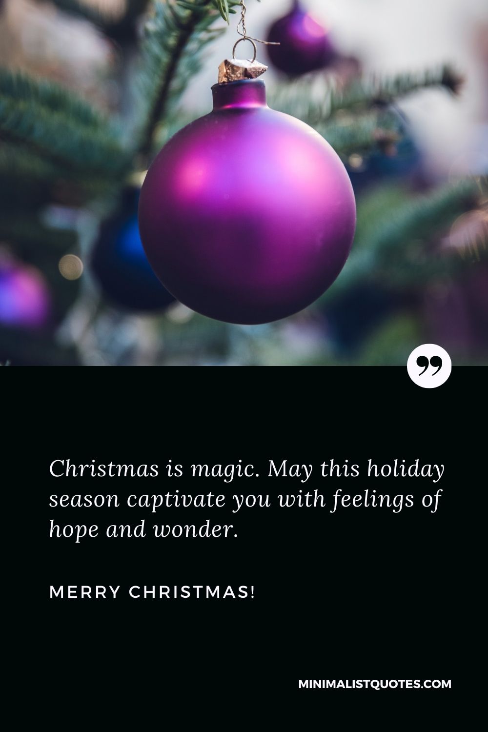 Heartwarming Christmas message: Christmas is magic. May this holiday season captivate you with feelings of hope and wonder. Merry Christmas!