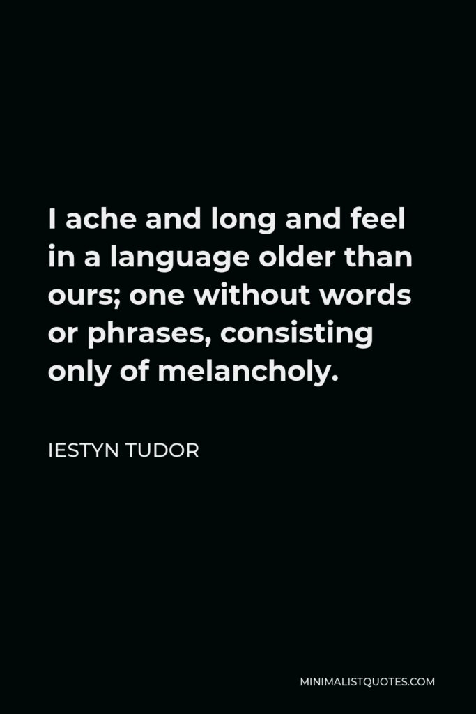 Iestyn Tudor Quote - I ache and long and feel in a language older than ours; one without words or phrases, consisting only of melancholy.