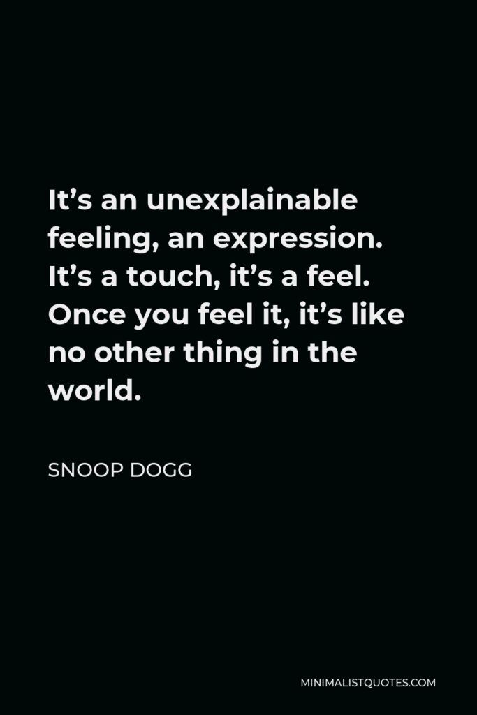 Snoop Dogg Quote - It’s an unexplainable feeling, an expression. It’s a touch, it’s a feel. Once you feel it, it’s like no other thing in the world.