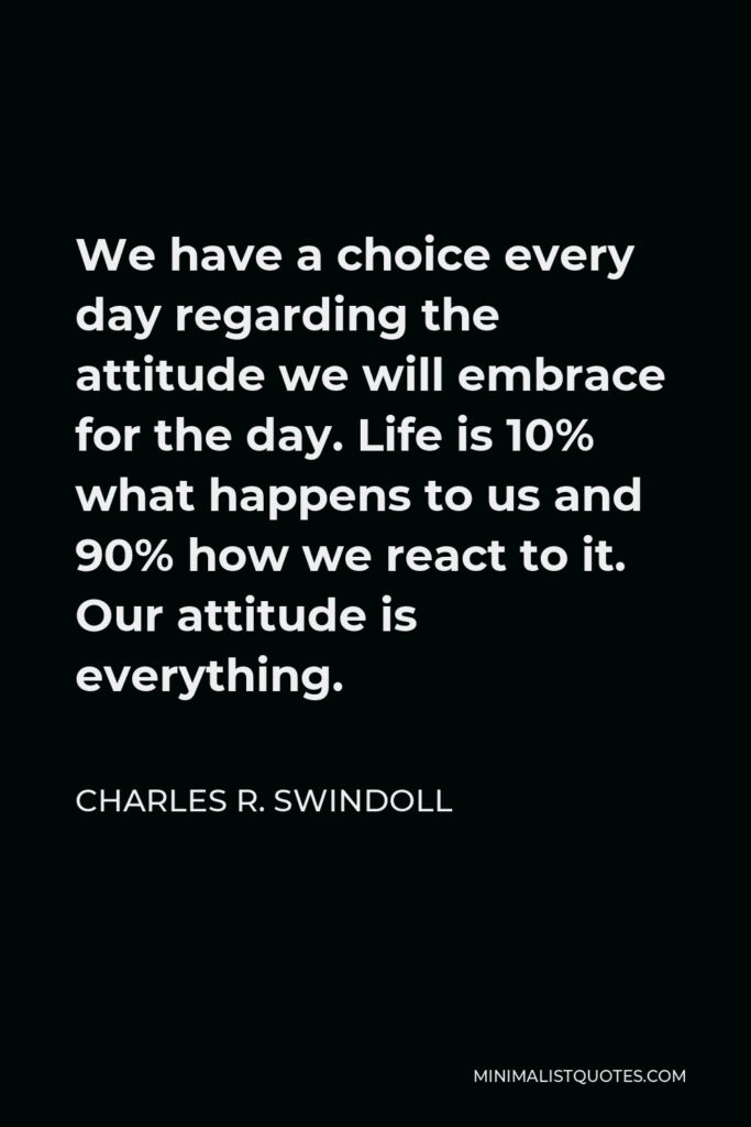 Charles R. Swindoll Quote - We have a choice every day regarding the attitude we will embrace for the day. Life is 10% what happens to us and 90% how we react to it. Our attitude is everything.