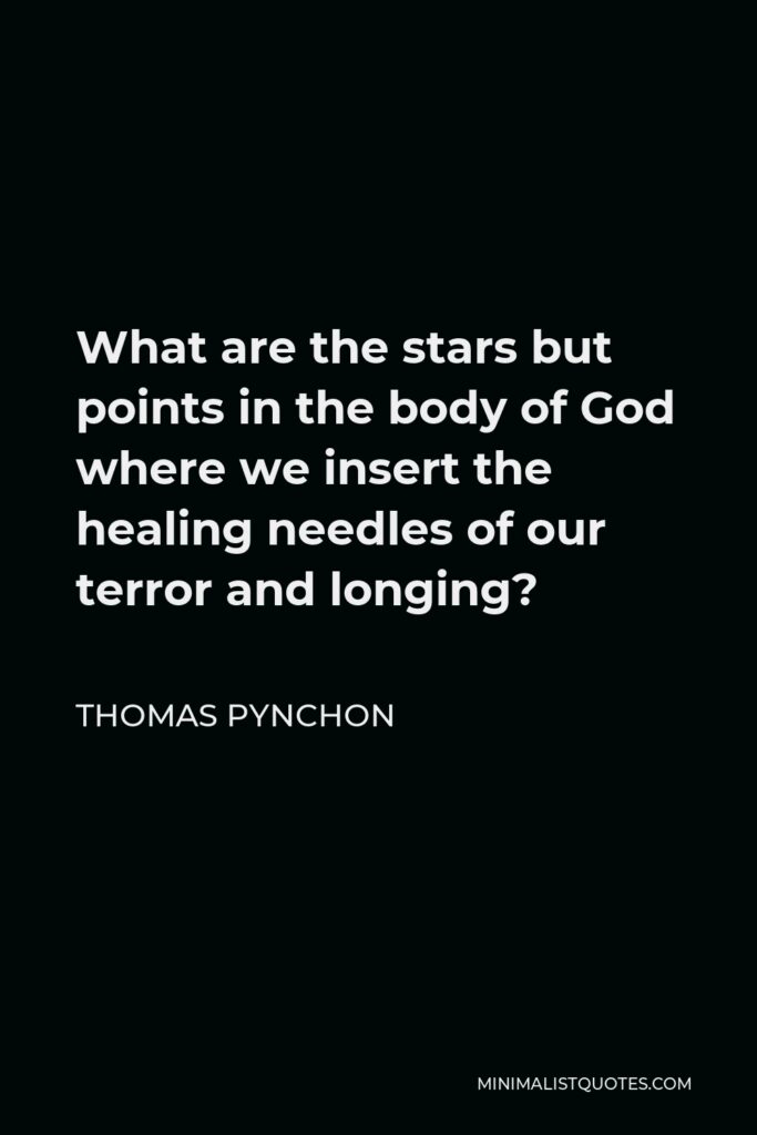 Thomas Pynchon Quote - What are the stars but points in the body of God where we insert the healing needles of our terror and longing?