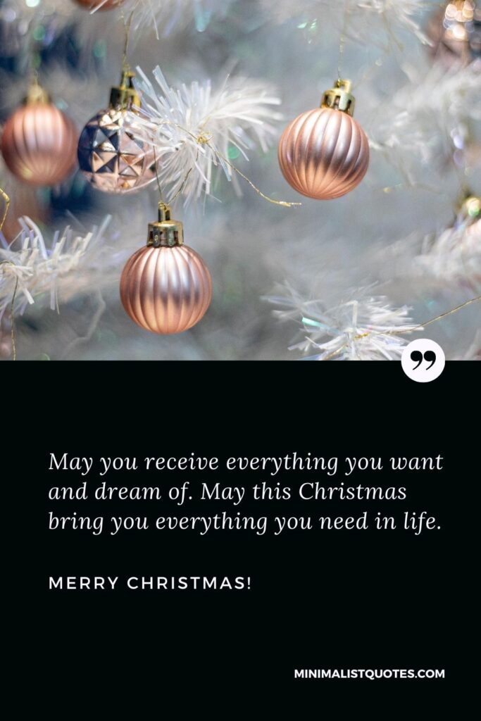 Xmas wishes: May you receive everything you want and dream of. May this Christmas bring you everything you need in life. Merry Christmas!