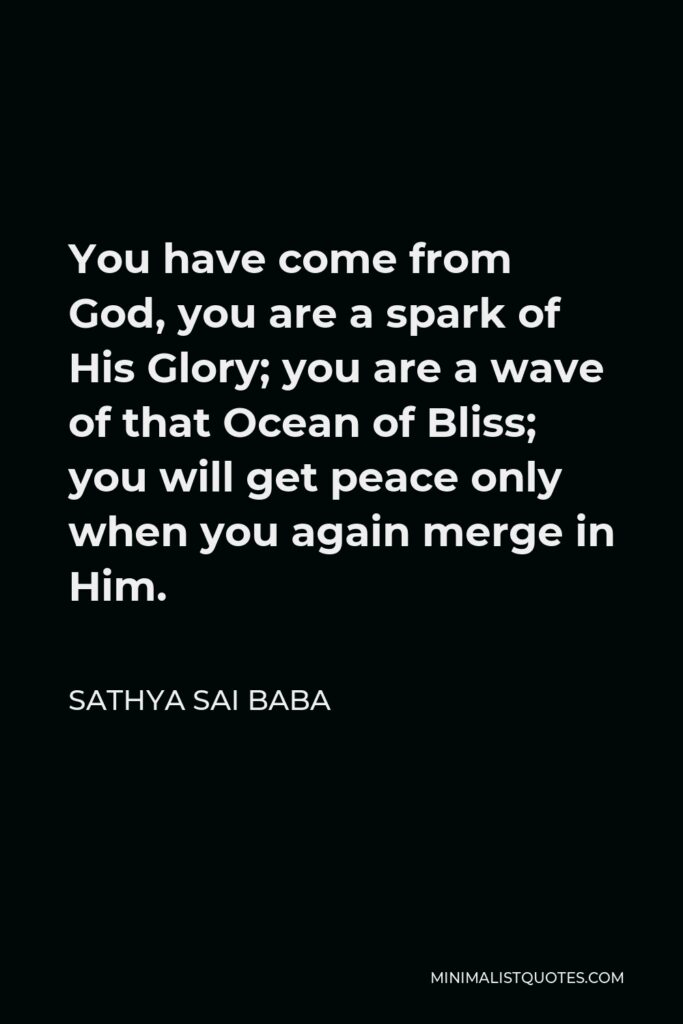 Sathya Sai Baba Quote - You have come from God, you are a spark of His Glory; you are a wave of that Ocean of Bliss; you will get peace only when you again merge in Him.