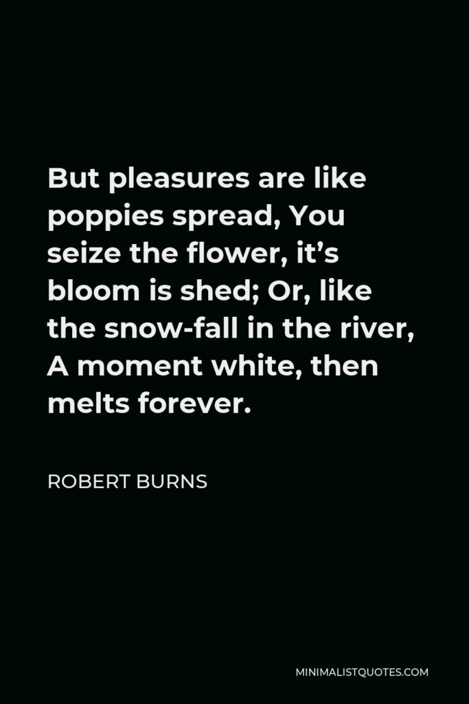 Robert Burns Quote - But pleasures are like poppies spread, You seize the flower, it’s bloom is shed; Or, like the snow-fall in the river, A moment white, then melts forever.