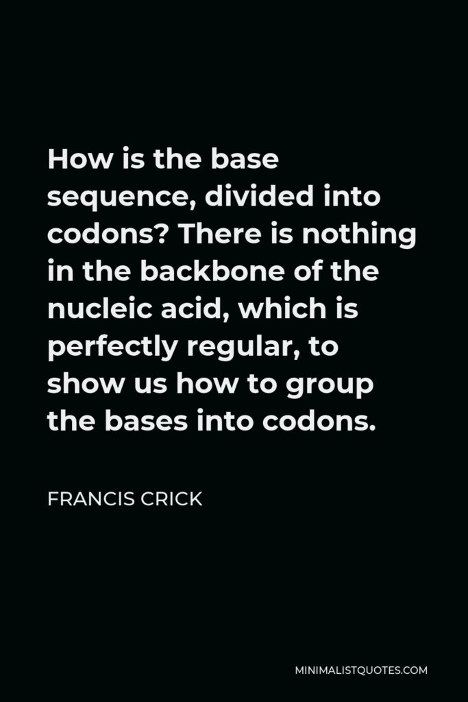 Francis Crick Quote - How is the base sequence, divided into codons? There is nothing in the backbone of the nucleic acid, which is perfectly regular, to show us how to group the bases into codons.
