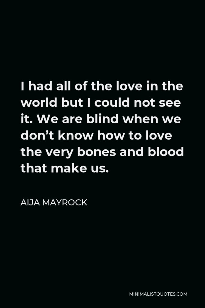 Aija Mayrock Quote - I had all of the love in the world but I could not see it. We are blind when we don’t know how to love the very bones and blood that make us.