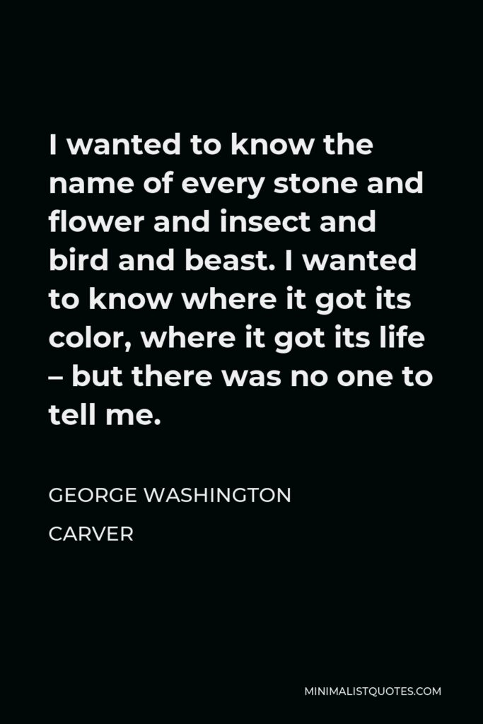 George Washington Carver Quote - I wanted to know the name of every stone and flower and insect and bird and beast. I wanted to know where it got its color, where it got its life – but there was no one to tell me.