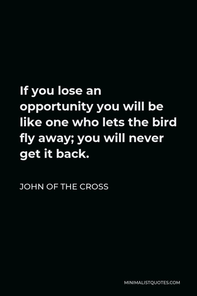 John of the Cross Quote - If you lose an opportunity you will be like one who lets the bird fly away; you will never get it back.
