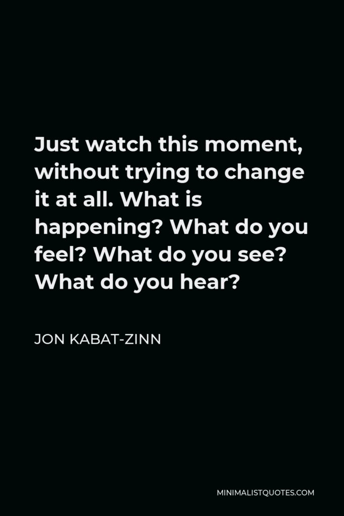 Jon Kabat-Zinn Quote - Just watch this moment, without trying to change it at all. What is happening? What do you feel? What do you see? What do you hear?