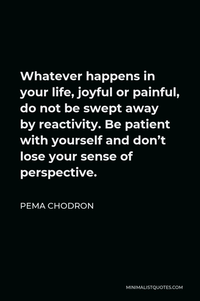 Pema Chodron Quote - Whatever happens in your life, joyful or painful, do not be swept away by reactivity. Be patient with yourself and don’t lose your sense of perspective.