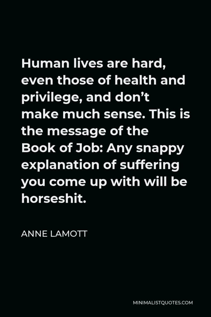 Anne Lamott Quote - Human lives are hard, even those of health and privilege, and don’t make much sense. This is the message of the Book of Job: Any snappy explanation of suffering you come up with will be horseshit.