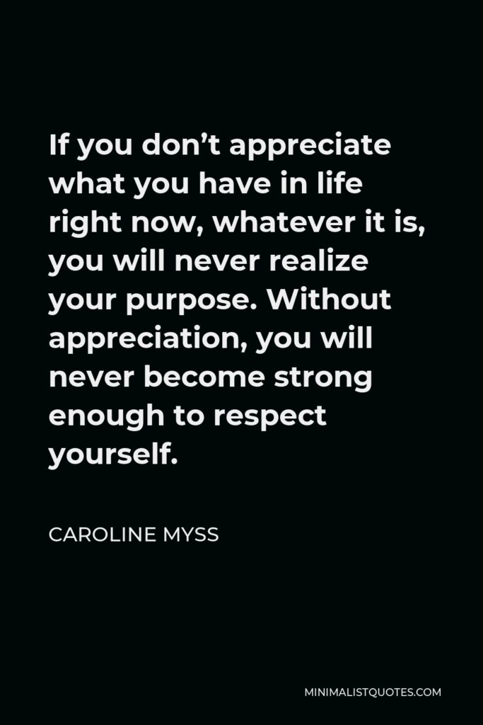 Caroline Myss Quote - If you don’t appreciate what you have in life right now, whatever it is, you will never realize your purpose. Without appreciation, you will never become strong enough to respect yourself.