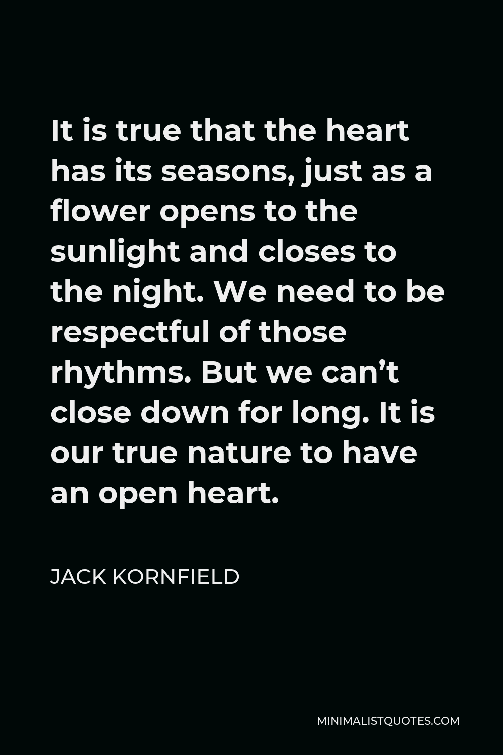 Jack Kornfield Quote - It is true that the heart has its seasons, just as a flower opens to the sunlight and closes to the night. We need to be respectful of those rhythms. But we can’t close down for long. It is our true nature to have an open heart.