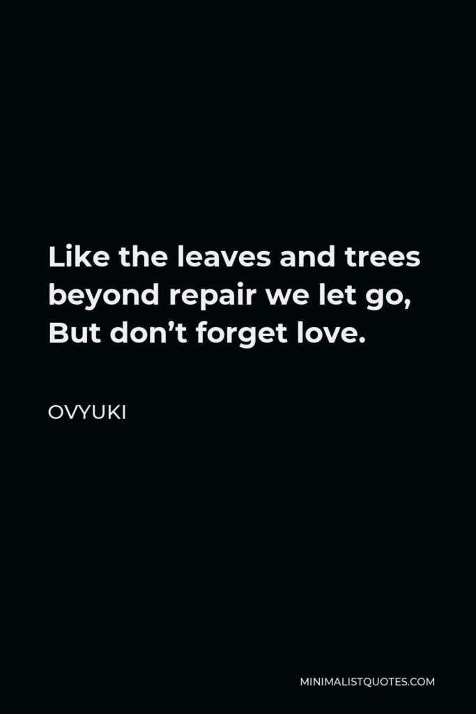 Ovyuki Quote - Like the leaves and trees beyond repair we let go, But don’t forget love.