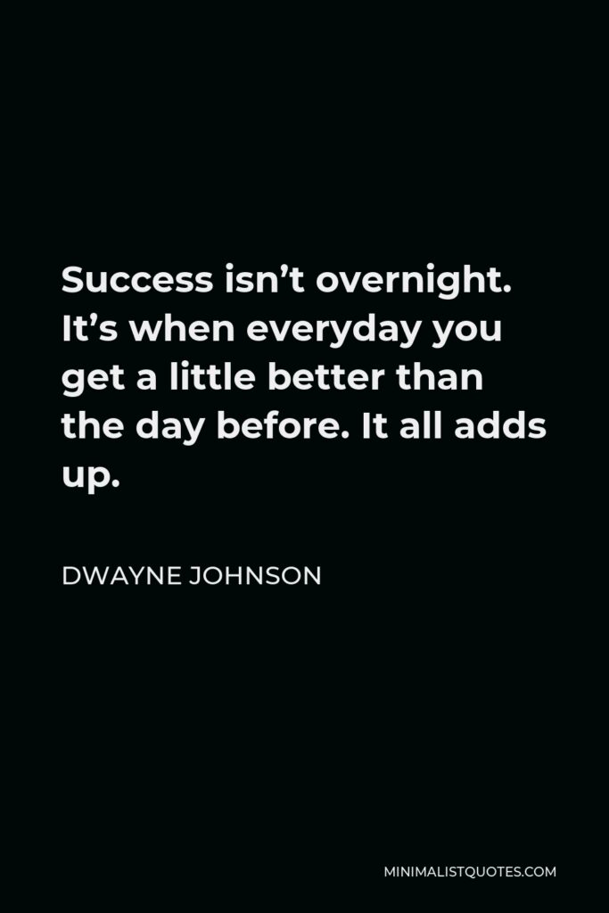Dwayne Johnson Quote - Success isn’t overnight. It’s when everyday you get a little better than the day before. It all adds up.