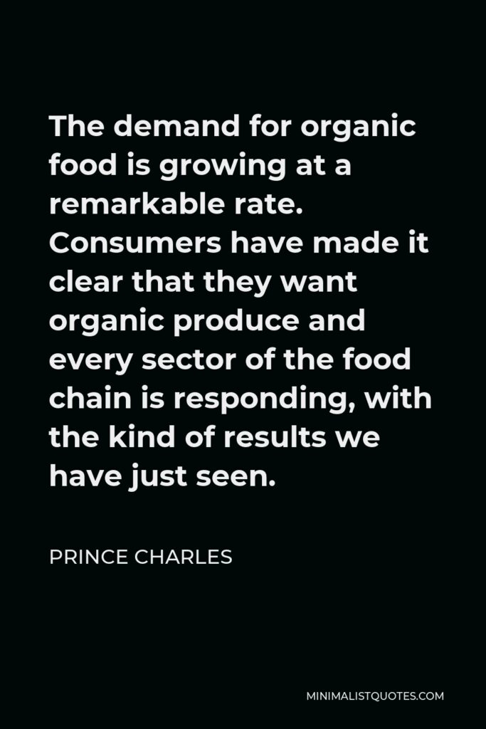 Prince Charles Quote - The demand for organic food is growing at a remarkable rate. Consumers have made it clear that they want organic produce and every sector of the food chain is responding, with the kind of results we have just seen.