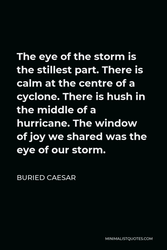 Buried Caesar Quote - The eye of the storm is the stillest part. There is calm at the centre of a cyclone. There is hush in the middle of a hurricane. The window of joy we shared was the eye of our storm.