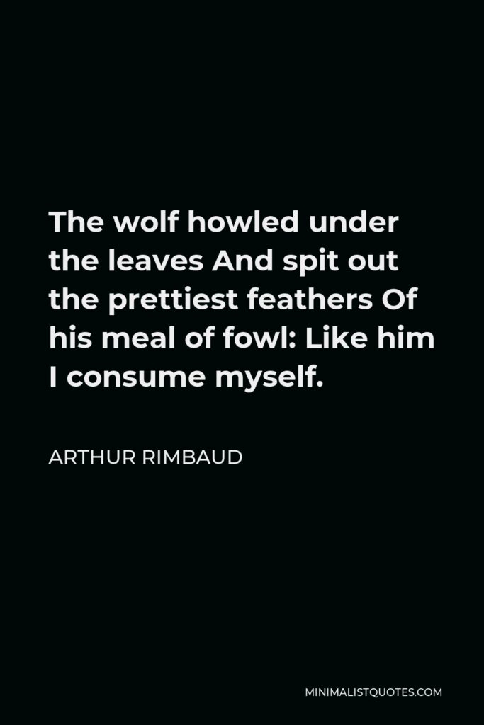 Arthur Rimbaud Quote - The wolf howled under the leaves And spit out the prettiest feathers Of his meal of fowl: Like him I consume myself.