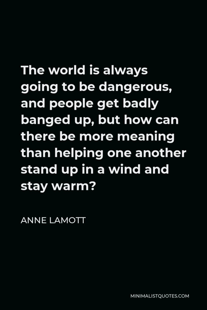 Anne Lamott Quote - The world is always going to be dangerous, and people get badly banged up, but how can there be more meaning than helping one another stand up in a wind and stay warm?