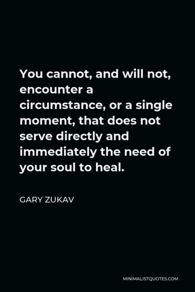 Gary Zukav Quote - You cannot, and will not, encounter a circumstance, or a single moment, that does not serve directly and immediately the need of your soul to heal.