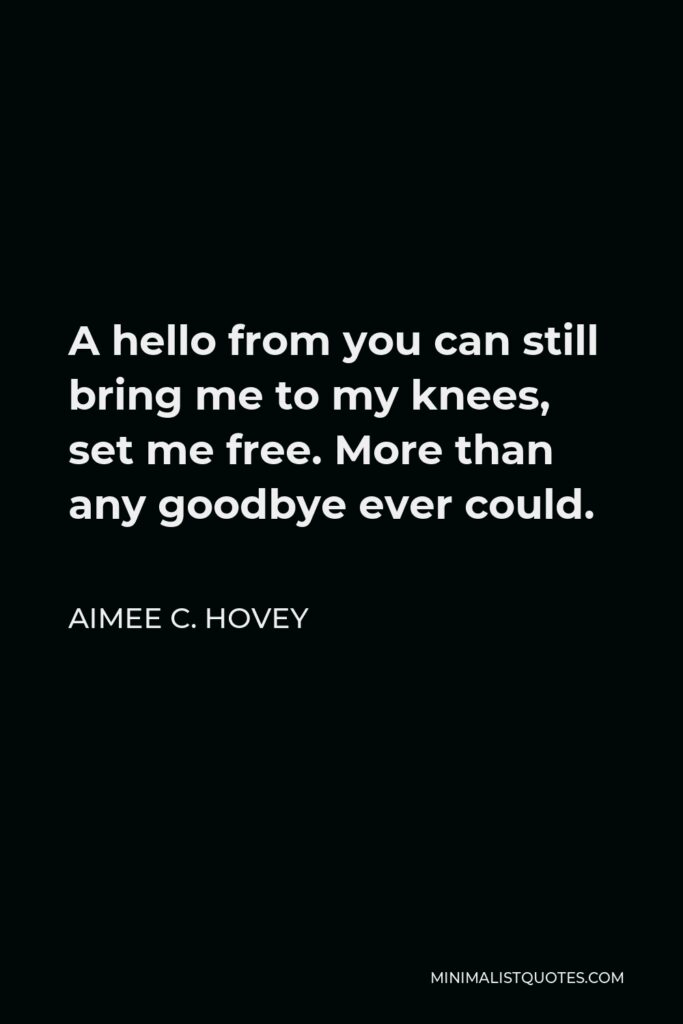Aimee C. Hovey Quote - A hello from you can still bring me to my knees, set me free. More than any goodbye ever could.