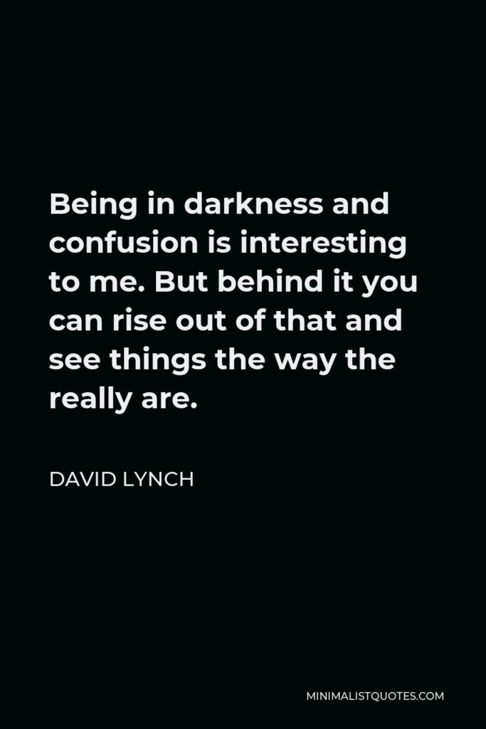David Lynch Quote - Being in darkness and confusion is interesting to me. But behind it you can rise out of that and see things the way the really are.