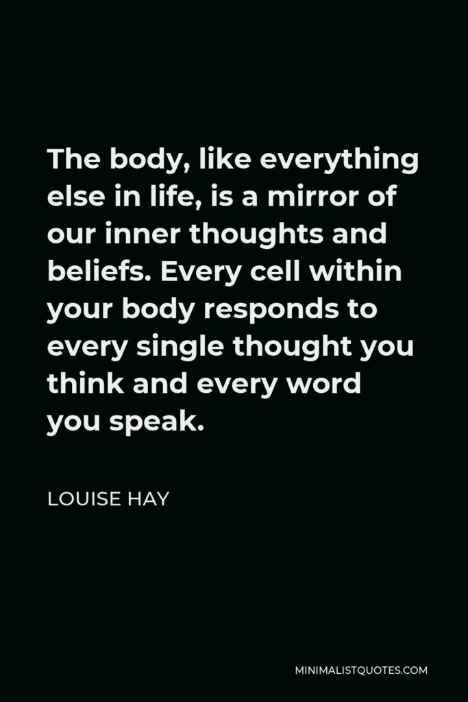 Louise Hay Quote - The body, like everything else in life, is a mirror of our inner thoughts and beliefs. Every cell within your body responds to every single thought you think and every word you speak.