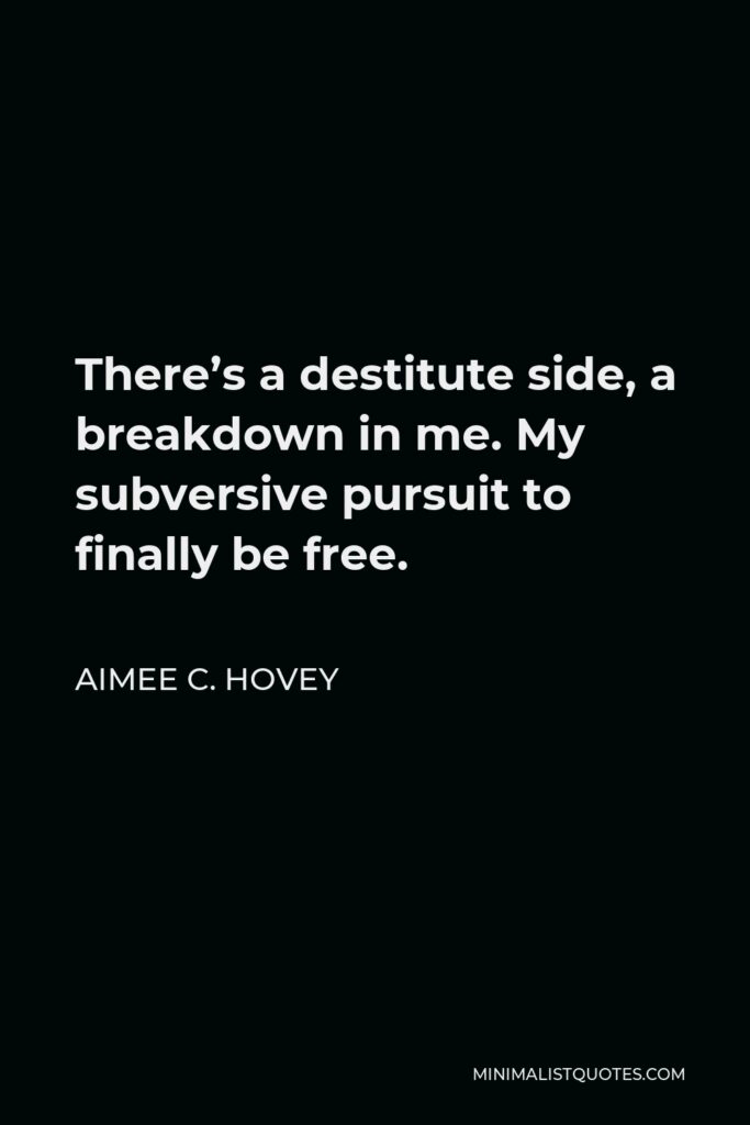 Aimee C. Hovey Quote - There’s a destitute side, a breakdown in me. My subversive pursuit to finally be free.