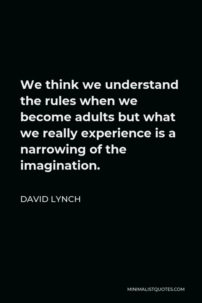 David Lynch Quote - We think we understand the rules when we become adults but what we really experience is a narrowing of the imagination.