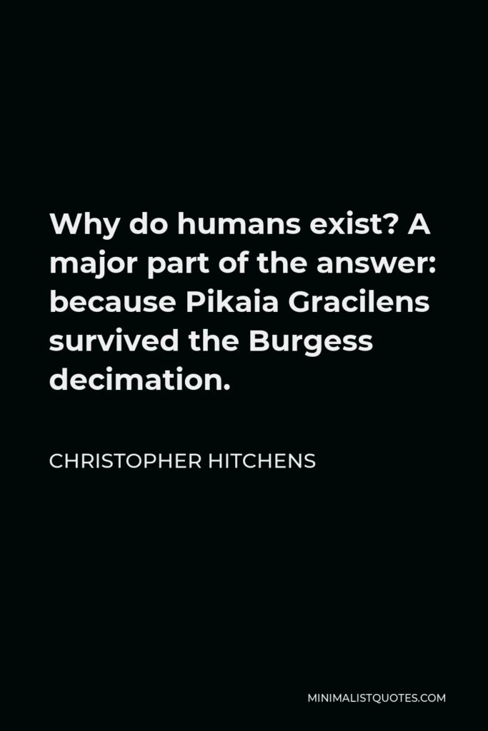 Christopher Hitchens Quote - Why do humans exist? A major part of the answer: because Pikaia Gracilens survived the Burgess decimation.