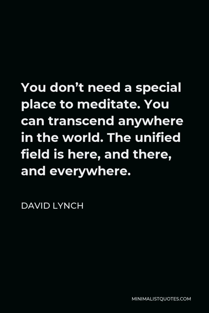 David Lynch Quote - You don’t need a special place to meditate. You can transcend anywhere in the world. The unified field is here, and there, and everywhere.