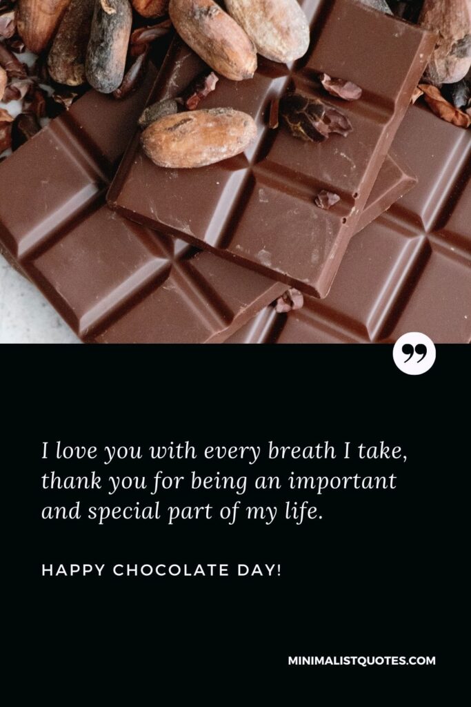 Chocolate day quotes for girlfriend: I love you with every breath I take, thank you for being an important and special part of my life. Happy Chocolate Day!