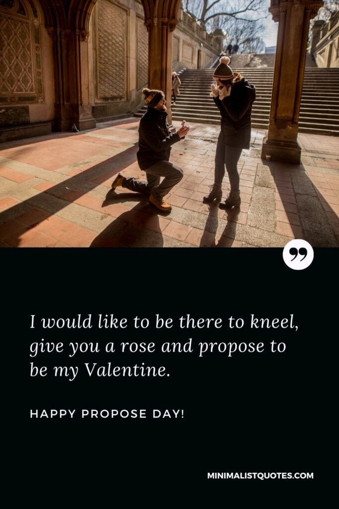 Happy propose day my love: I would like to be there to kneel, give you a rose and propose to be my Valentine. Happy Propose Day!