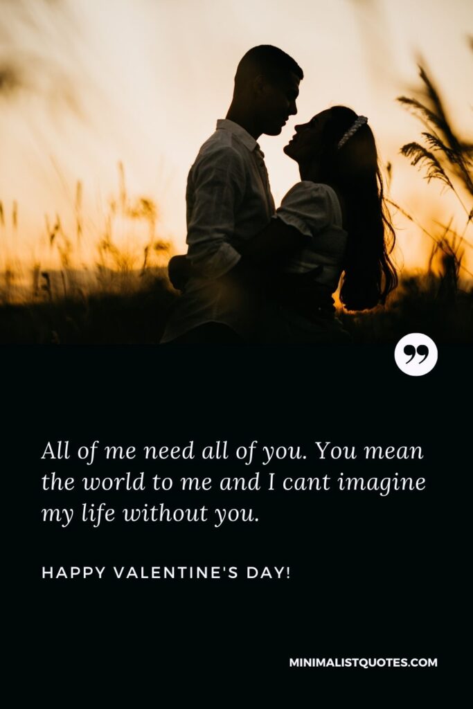 Happy valentines day wishes for my love: All of me need all of you. You mean the world to me and I cant imagine my life without you. Happy Valentines Day!