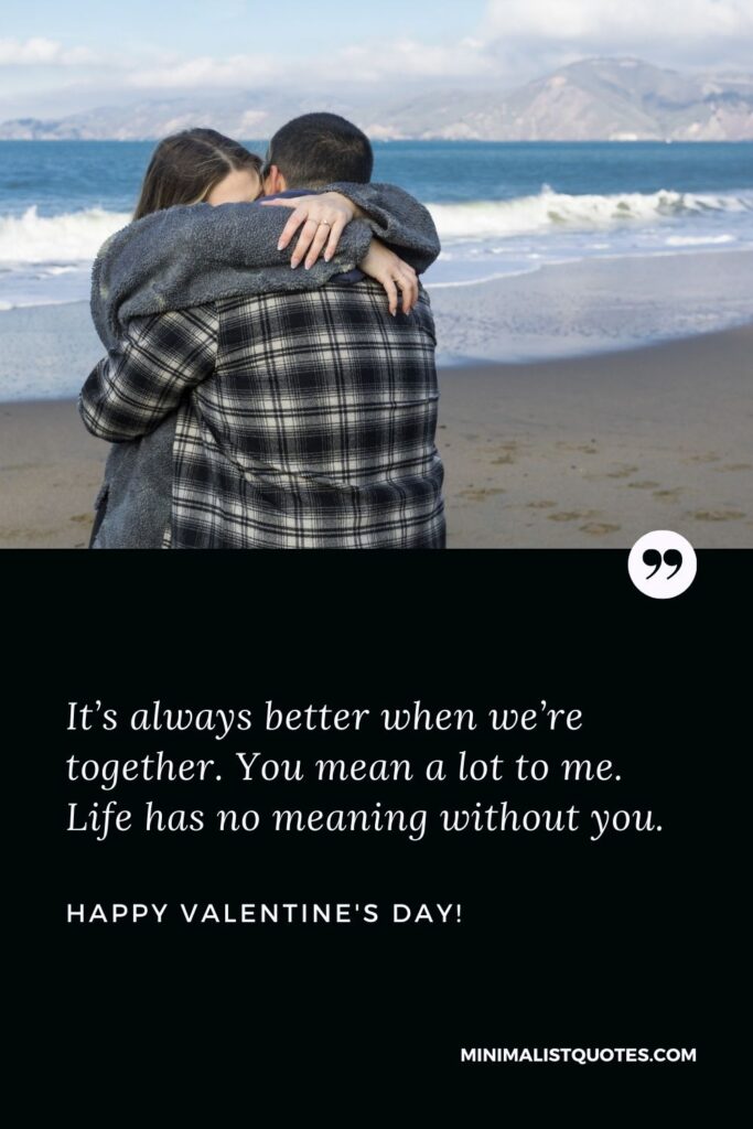 Valentine wishes for girlfriend: It’s always better when we’re together. You mean a lot to me. Life has no meaning without you. Happy Valentines Day!