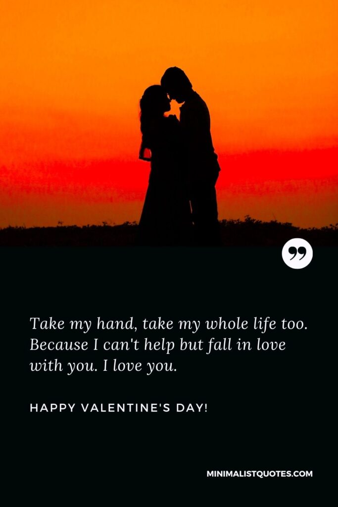 Valentine's day quotes for my love: Take my hand, take my whole life too. Because I can't help but fall in love with you. I love you. Happy Valentines Day!