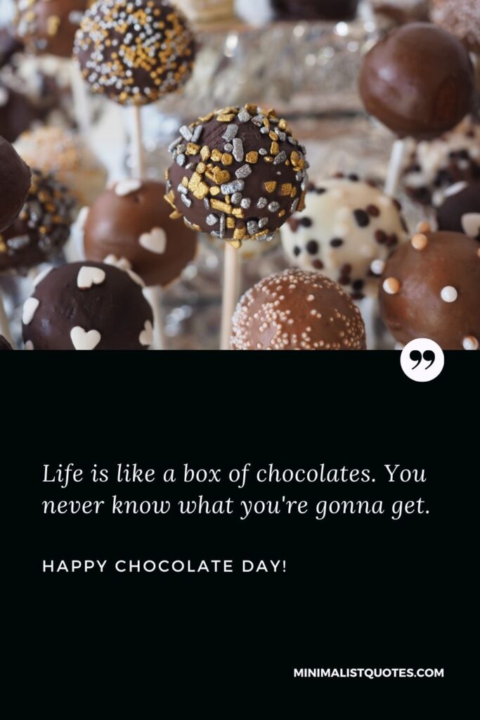 World chocolate day greetings: Life is like a box of chocolates. You never know what you're gonna get. Happy Chocolate Day!