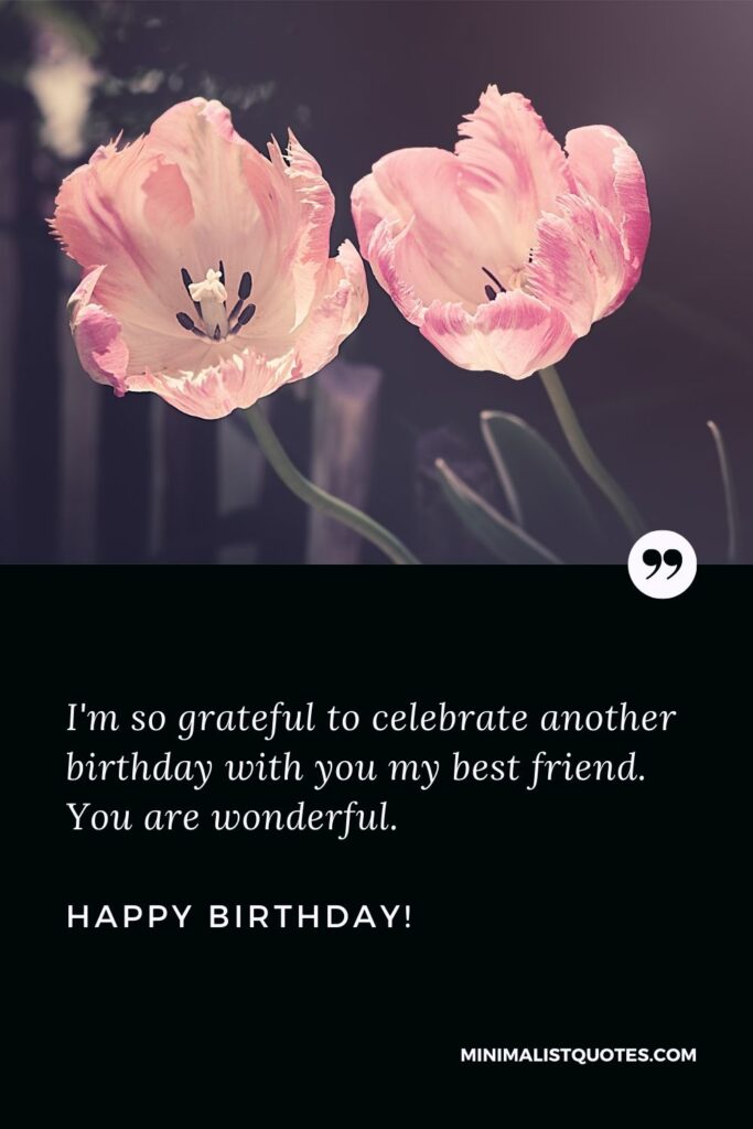 Best birthday wishes for best friend: I'm so grateful to celebrate another birthday with you my best friend. You are wonderful. Happy Birthday!