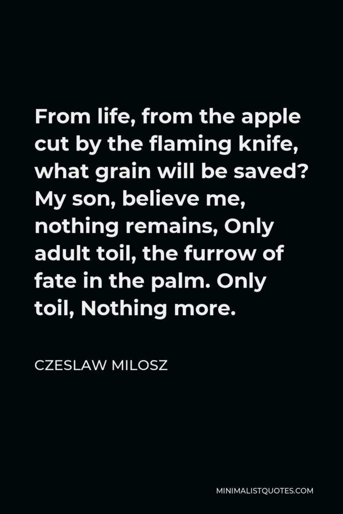 Czeslaw Milosz Quote - From life, from the apple cut by the flaming knife, what grain will be saved? My son, believe me, nothing remains, Only adult toil, the furrow of fate in the palm. Only toil, Nothing more.