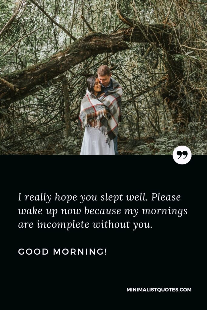 Good morning messages for boyfriend: I really hope you slept well. Please wake up now because my mornings are incomplete without you. Good Morning!