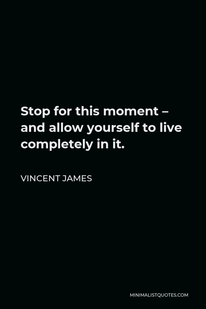 Vincent James Quote - Stop for this moment – and allow yourself to live completely in it.