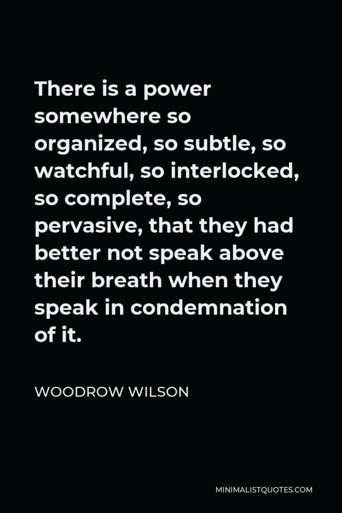 Woodrow Wilson Quote - There is a power somewhere so organized, so subtle, so watchful, so interlocked, so complete, so pervasive, that they had better not speak above their breath when they speak in condemnation of it.