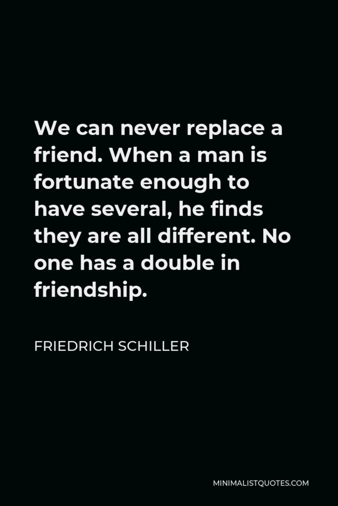 Friedrich Schiller Quote - We can never replace a friend. When a man is fortunate enough to have several, he finds they are all different. No one has a double in friendship.