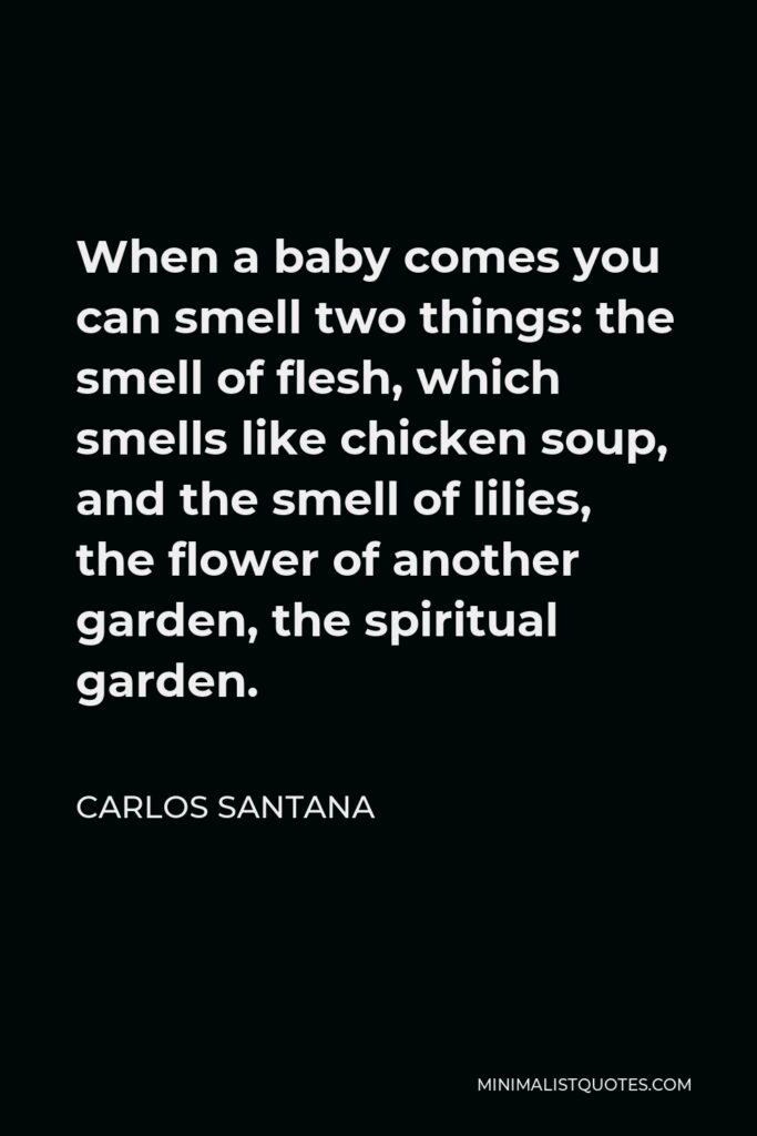 Carlos Santana Quote - When a baby comes you can smell two things: the smell of flesh, which smells like chicken soup, and the smell of lilies, the flower of another garden, the spiritual garden.