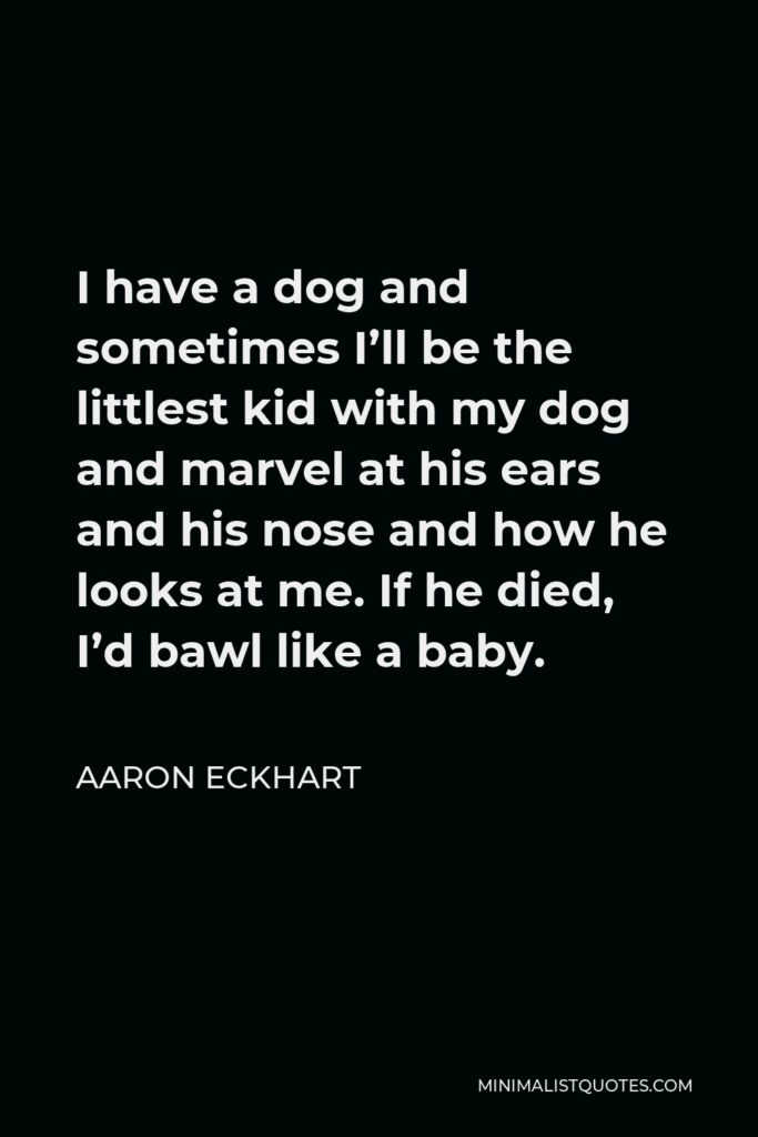 Aaron Eckhart Quote - I have a dog and sometimes I’ll be the littlest kid with my dog and marvel at his ears and his nose and how he looks at me. If he died, I’d bawl like a baby.