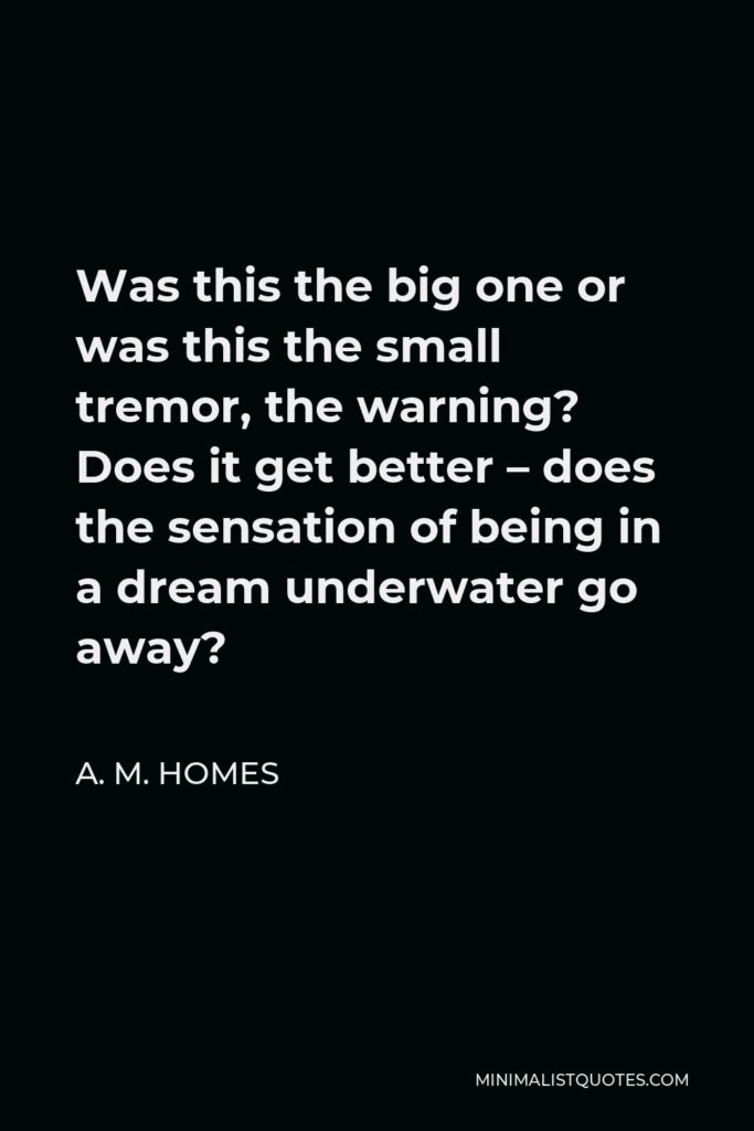 A. M. Homes Quote - Was this the big one or was this the small tremor, the warning? Does it get better – does the sensation of being in a dream underwater go away?
