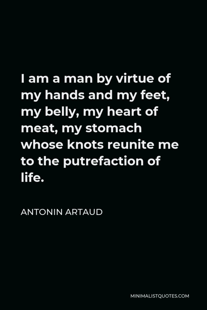 Antonin Artaud Quote - I am a man by virtue of my hands and my feet, my belly, my heart of meat, my stomach whose knots reunite me to the putrefaction of life.