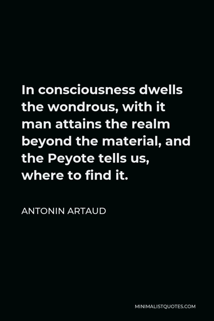 Antonin Artaud Quote - In consciousness dwells the wondrous, with it man attains the realm beyond the material, and the Peyote tells us, where to find it.
